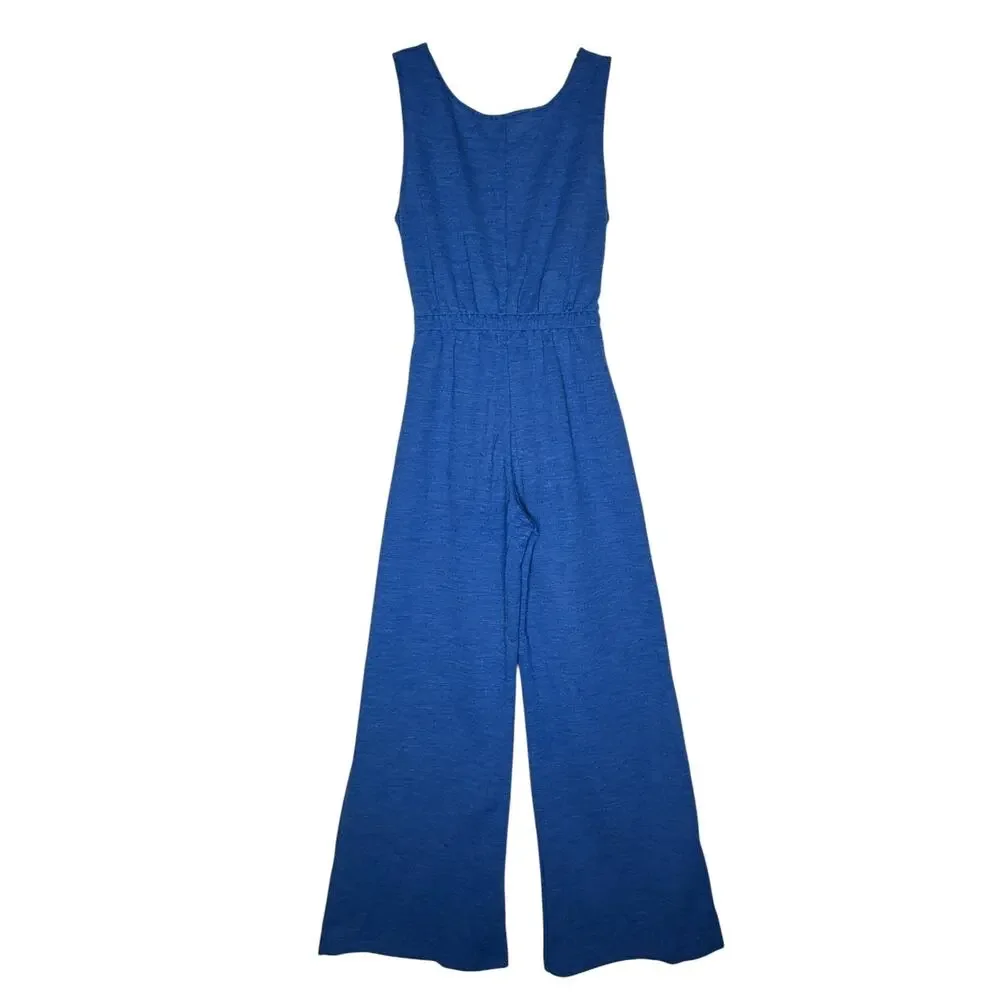 1970s Pic-Nics by Her Majesty Blue Knit Jumpsuit Turtleneck Set USA XS